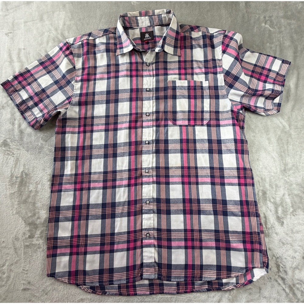 Red Ape Button Down Shirt Mens 4X Pink Navy White Plaid Short Sleeve Casual